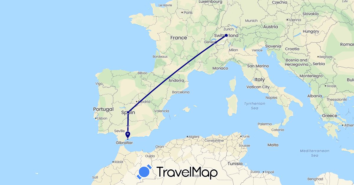 TravelMap itinerary: driving in Switzerland, Spain (Europe)